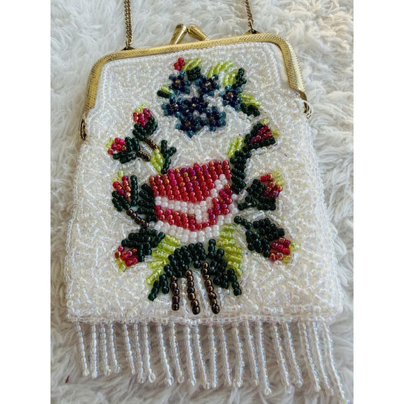 Vintage Floral Hand Beaded Fringe Chain Strap Tiny Seed Evening Purse Flapper - Picture 8 of 16